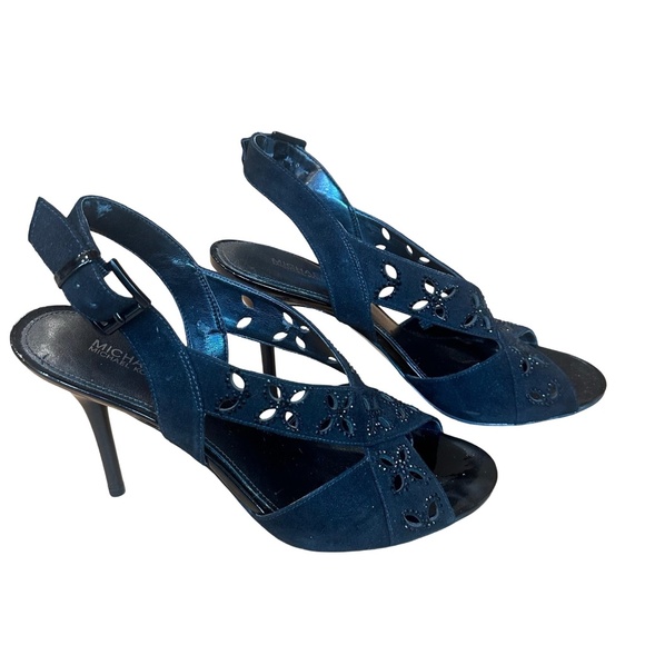Michael Kors Slingback Black Suede Strappy Heels Peep Toe Shoes 8 - Picture 1 of 12